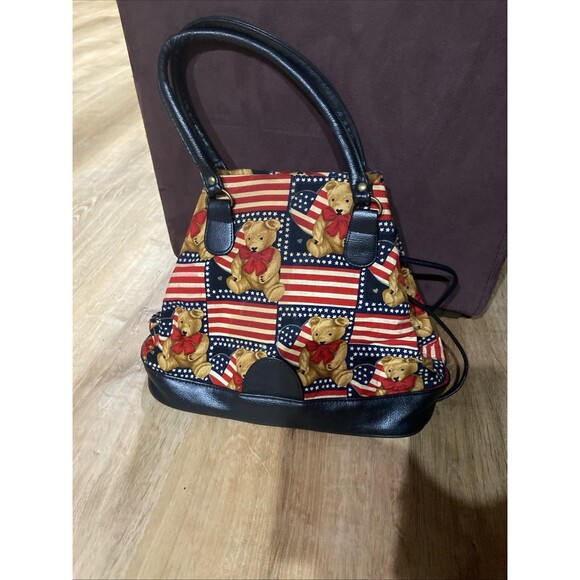 Vtg Americana Bag Teddy Bear American flag 2 handle W/ Snap And Drawstring Close - Picture 1 of 10